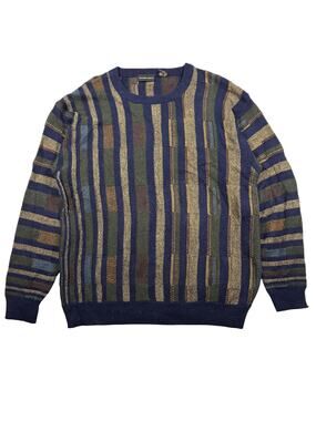 Vintage Coogi Style Sweater Large Blue  Striped Knit Acrylic Grandpa 90s Cosby